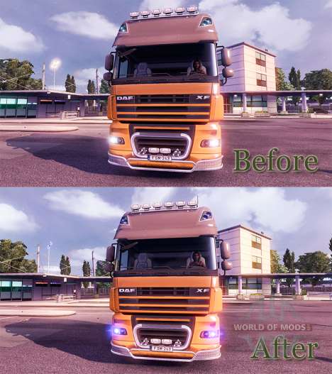 The blue glow of the headlights for Euro Truck Simulator 2