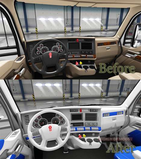 The interior is White and Blue for Kenworth T680 for American Truck Simulator